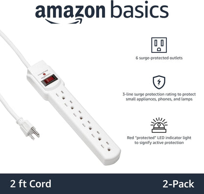 Amazon Basics Surge Protector Power Strip, 6-Outlet with 200J Protection, 2ft Extension Cord, Rectangle, White (2 Pack)