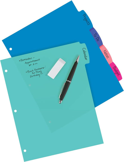 Avery Write & Erase Dividers for 3 Ring Binders, 5 Tabs per Set, Multicolor Big Tabs, Pastels, Binder Dividers Great for Organizing Reports, Projects, and More (16270)