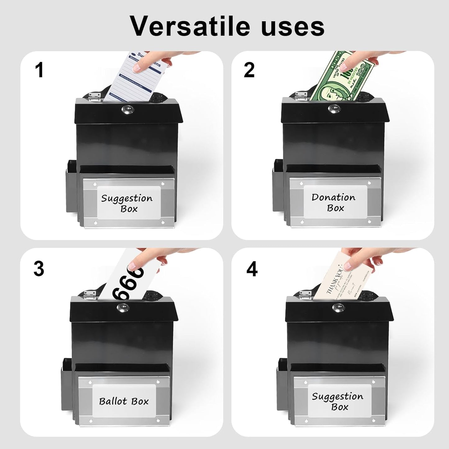 Suggestion Box with Magnetic Sign Holder, Metal Donation Boxes with Lock and Slot, Prayer Drop Ballot Raffle Tip Jars Wall Mounted Box for Fundraising Churches Offices School Black