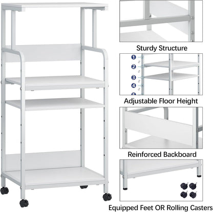 4 Tier Printer Stand with Storage Shelf, Large Tall Printer Cart with Wheels, Mobile Printer Table for Home Office, Adjustable Stands for Printer Heat Press Scanner Fax (White)