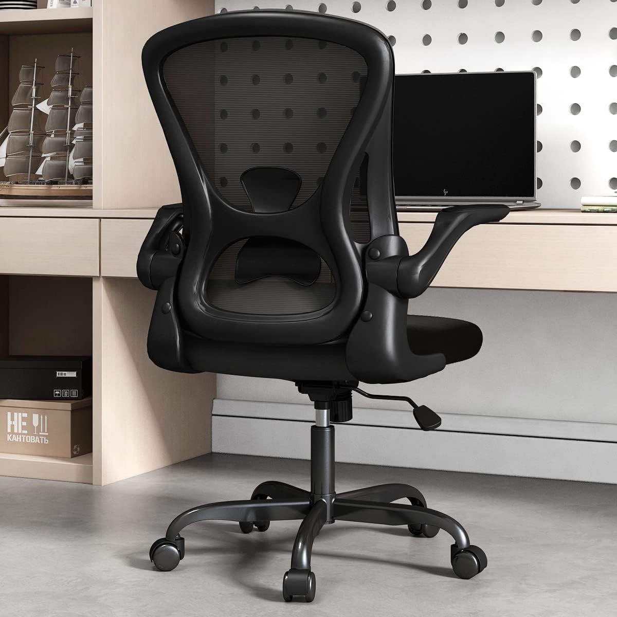 Sytas Ergonomic Desk Chair with Padded Flip up Arms and Supportive Lumbar Support, Breathable Mesh Home Office Chair with Comfortable Cushion for Home or Office(Black)