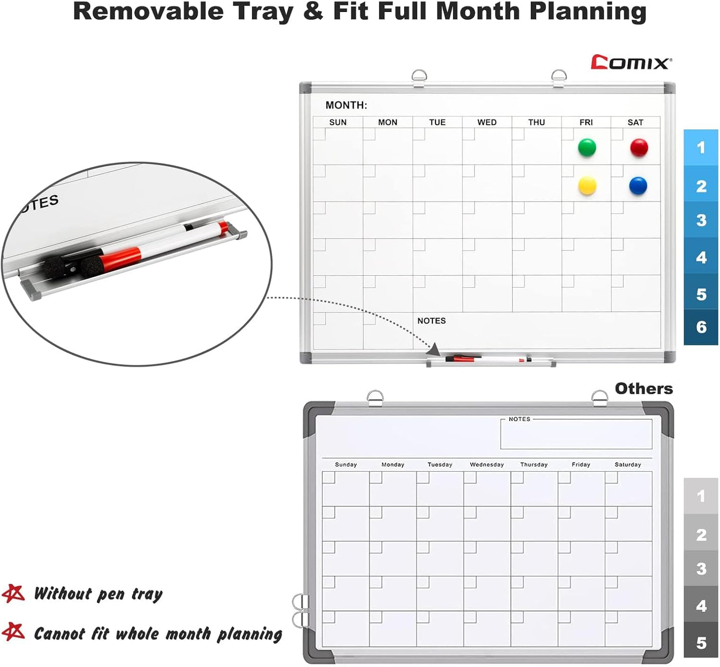 Comix Magnetic Dry Erase Calendar Whiteboard, 24 x 18 Inches Monthly Calendar Dry Erase Board for Wall, Aluminum Frame Planner White Board with Markers, Eraser, Magnets