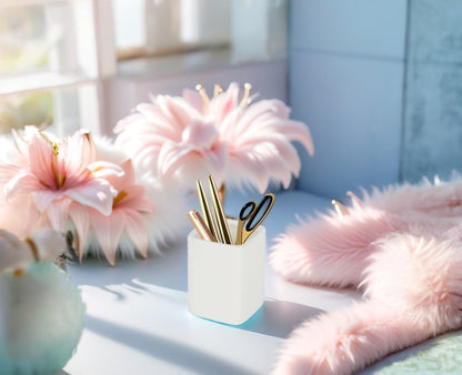 Square Ceramics Desk Pencil Holder With Metal Frame, Suitable for Offices and Homes(Off White)