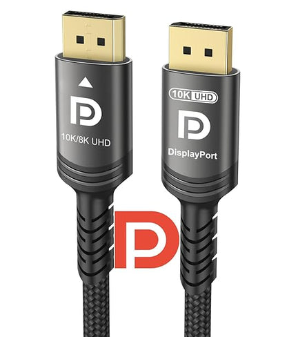 10K 8K DisplayPort 2.1 Cable 54Gbps 33 FT, Certified DP to DP Cord 4K 240Hz 165Hz 144Hz 120Hz 10K 8K 120Hz Nylon Braided UHBR HDCP2.3 FreeSync G-Sync RTX5090 Gaming Monitor PC Projector
