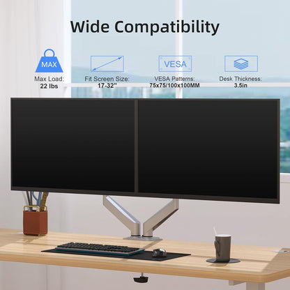 Suptek Dual Monitor Mount Stand-Height Adjustable Gas Spring Monitor Arm Desk Mount for 2 Computer Screens 17 to 27 inches - Each Arm Holds up to 13.2lbs,Silver(MD8SPS)