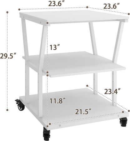 Natwind 3-Tier Large Printer Stand,23.6"x23.6"x29.5" Heavy-Duty Printer Table Cart with Paper Storage Shelf & Wheels,Ideal for Home Office Laser Printers, Copiers (White)