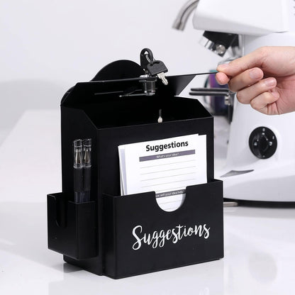 MyGift Classic Matte Black Metal Suggestion Box with Cursive Suggestions Lettering, Wall Mounted or Tabletop Comment Box with Lock, Keys, Paper Sheet and Pen Holder Slots