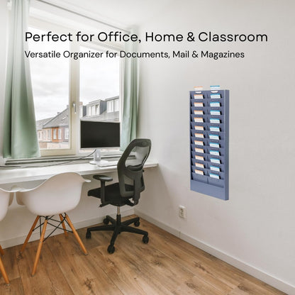 Wall Mount File Organizer, Metal Job Ticket Holder with 11/22 Adjustable Pockets, Durable & Versatile Hanging Wall Organizer for Office & Home - Grayblue