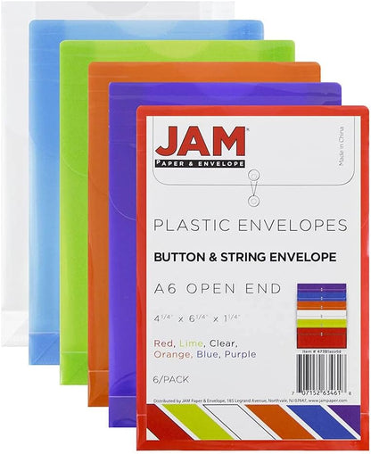JAM PAPER Plastic Envelopes with Button & String Tie Closure - 4 1/4 x 6 1/4 - Assorted Colors - 6/Pack
