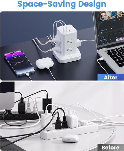 11-in-1 Power Strip Tower with Surge Protector 1800J, Fast Charging Tower PD20W USB-C Ports with 8 AC Outlets, 5ft Extension Cord for Home Office Dorm Room, White