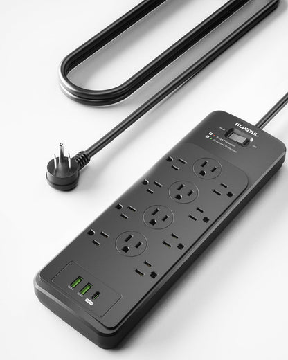 Surge Protector Power Strip 25FT(4080J), PLUGTUL Surge Protector with 12 Outlets - Spacious Design for Large Plugs, Flat Plug, 20W USB C Charging for Home, Office, ETL Listed