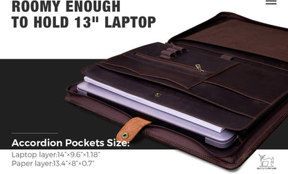 Genuine Leather Business Portfolio Padfolio Folder with Zipper for Men, Men's Leather Padfolio Folder for 13" Laptop, Business Portfolio with Letter Size Notepad, Graduation Gift，Dark Brown