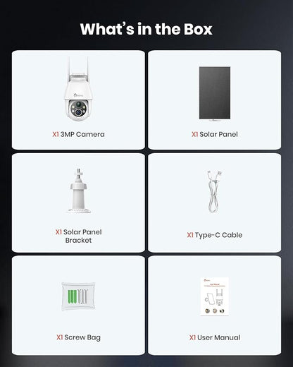 Solar Security Cameras Wireless Outdoor 2K, Self Charged WiFi Cameras for Home Security Battery-Powered, 360°PTZ 3MP Color Night Vision, IP66,Two-Way Audio, Alexa/Google Assistant,2.4Ghz Only