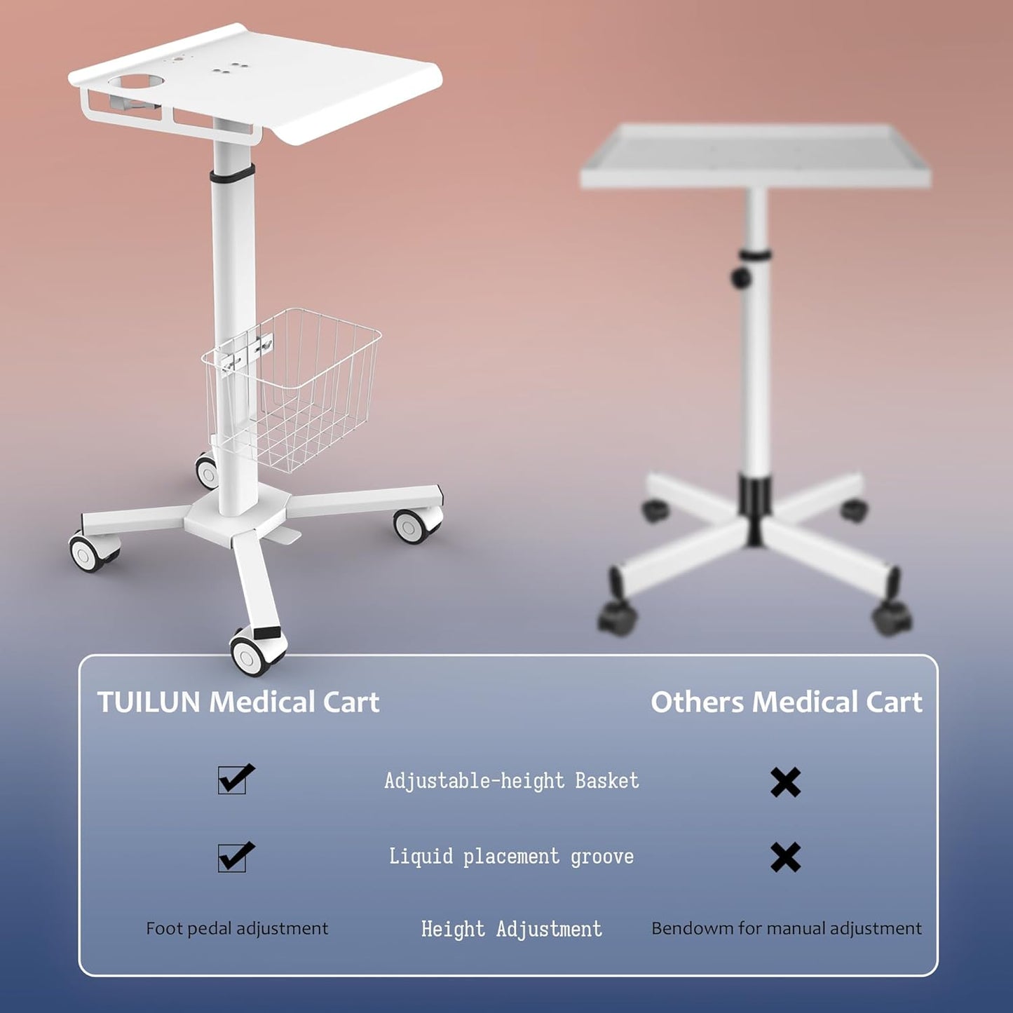 Adjustable Height Portable Laptop Desk with Wheels,White Computer Cart on Wheels,Standing Mobile Desk Workstation, Utility Medical Cart