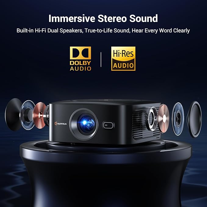 1500 ANSI Official Licensed Google TV Smart Projector, HAPPRUN 4K Full HD Home Theater with Auto Focus, Dolby Sound, Wi-Fi Bluetooth, Built-in Apps, Compatible with Phone & PC, Indoor & Outdoor Use