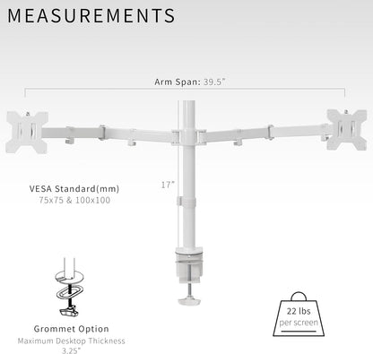 VIVO Dual Ultrawide Monitor Desk Mount, Heavy Duty Fully Adjustable Steel Stand, Holds 2 Computer Screens up to 38 inches and Max 22lbs Each, White, STAND-V038W