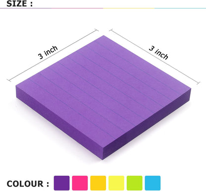 6 Pads Lined Sticky Notes 3x3 Sticky Notes with Lines Self-Stick Note Pads 6 Bright Multi Colors,100 Sheet/Pad