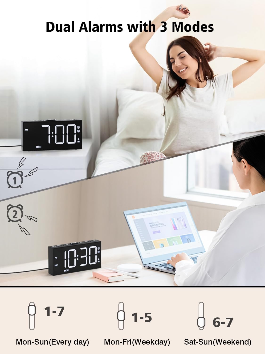 PPLEE Loud Alarm Clock for Heavy Sleepers,Dual Vibrating Alarm Clock with 3-level Vibration for Hearing-impaired Deaf,Weekday/Everyday Mode,5 Dimmer,5 Volume,Large Numbers,USB Charger,Power-off Memory