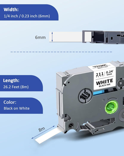 TZ Tape 6mm 0.23 Laminated White Label Tape Tz-211 Compatible for Brother P-Touch Tze-211 1/4" Tze Label Refills Work for Ptouch Label Maker PT-D220 PT-D210 PT-H110 PT-D400, Black on White, 4-Pack