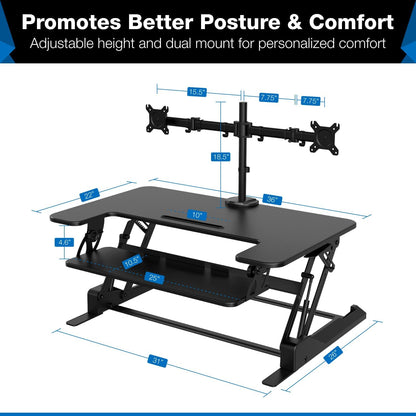 Mount-It! Standing Desk Converter Dual Monitor, 2 Screen Mounts Included, Height Adjustable Desk Riser in Black, Stand Up Desk Convertor Large 36" Wide, Sit Stand Convertor with Manual Lift Gas Spring