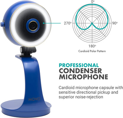 Movo WebMic HD Pro All-in-One Webcam with Mic and Ring Light in Royal Blue- 1080p HD Camera, Pro Cardioid Condenser Microphone, LED Ring Light - HD Webcam for Streaming, Video Calls, Recording, Gaming