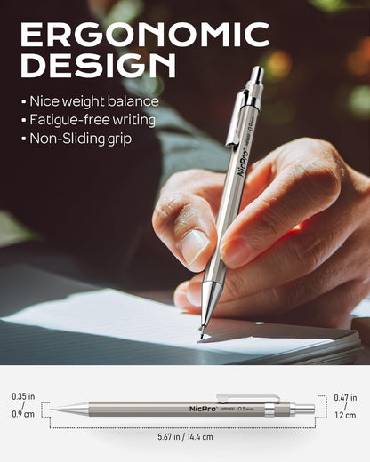 Nicpro 4 Pack Metal Mechanical Pencil Set 0.9mm, MB1000 Lead Drafting Pencil 0.9 mm with 8 Tube HB #2 Lead Refill, 3PCS 4B Eraser, 9 Cap Eraser for Artist Writing, Sketching, Drawing- Come with Case
