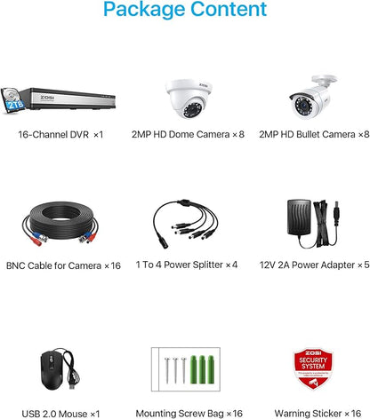 ZOSI H.265+ 1080p 16 Channel Security Camera System, 16CH DVR with AI Human Vehicle Detect, 12 x 2MP Weatherproof Surveillance CCTV Bullet Dome Camera Outdoor, Night Vision, Remote Access, 2TB HDD