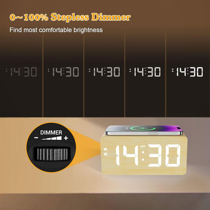 Wooden Digital Alarm Clock with Fast Wireless Charger, Dual USB Charging Ports, DST, Dimmable, Snooze, RGB Large Number Display LED Clock for Bedrooms, Living Room, Desk, Table, Bedside(Bamboo)