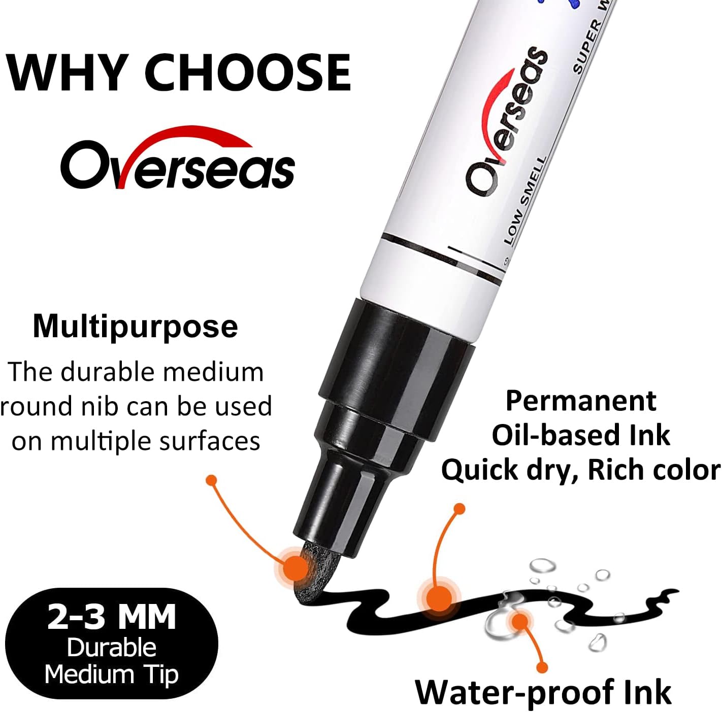 Overseas Permanent Paint Pens White Markers - 2 Pack Single color Oil Based Paint Markers, Medium Tip, Quick Drying and Waterproof Marker Pen for Metal, Rock, Wood, Plastic, Canvas, Rubber, Glass