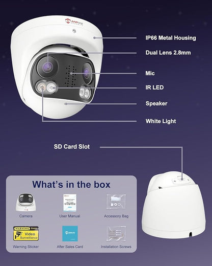 Anpviz 4K 8MP Dual Lens PoE IP Camera Outdoor, 180° Panoramic Security IP Camera, Smart Dual Light Color Night Vision, Human/Vehicle Detection, Two Way Audio, 512GB SD Slot, Full Metal IP66, NDAA