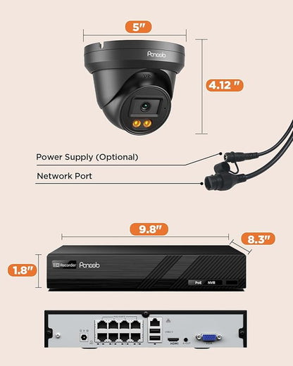 Security Camera System PoE, 8X 4MP Wired Bullet IP Cameras Outdoor Built-in Microphone, AI Human Vehicle Detection, 5MP 8CH NVR with 2TB HDD, Smart Color Night Vision, PD93BA30808-4MD(Black)