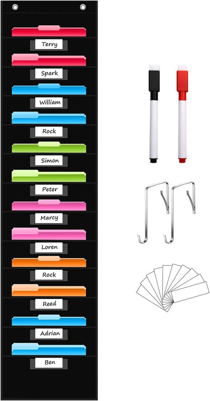 REGELETO 12 Pockets Storage Pocket Chart with 12 Nametag Pockets,Hanging Wall File Organizer for Classroom and Office, Organize Your Assignments, Files, Scrapbooks, Paper (Black)