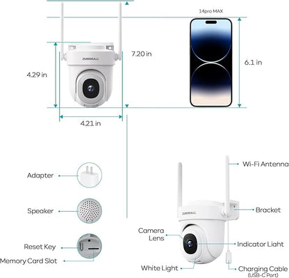 ZUMIMALL 5MP Outdoor Camera 2-Pack - 24/7 Recording Wired Power, Support 5GHz WiFi | Motion & Noise Detection, 360° PTZ Auto Tracking, Color Night Vision | IP66, Alexa Google Compatible