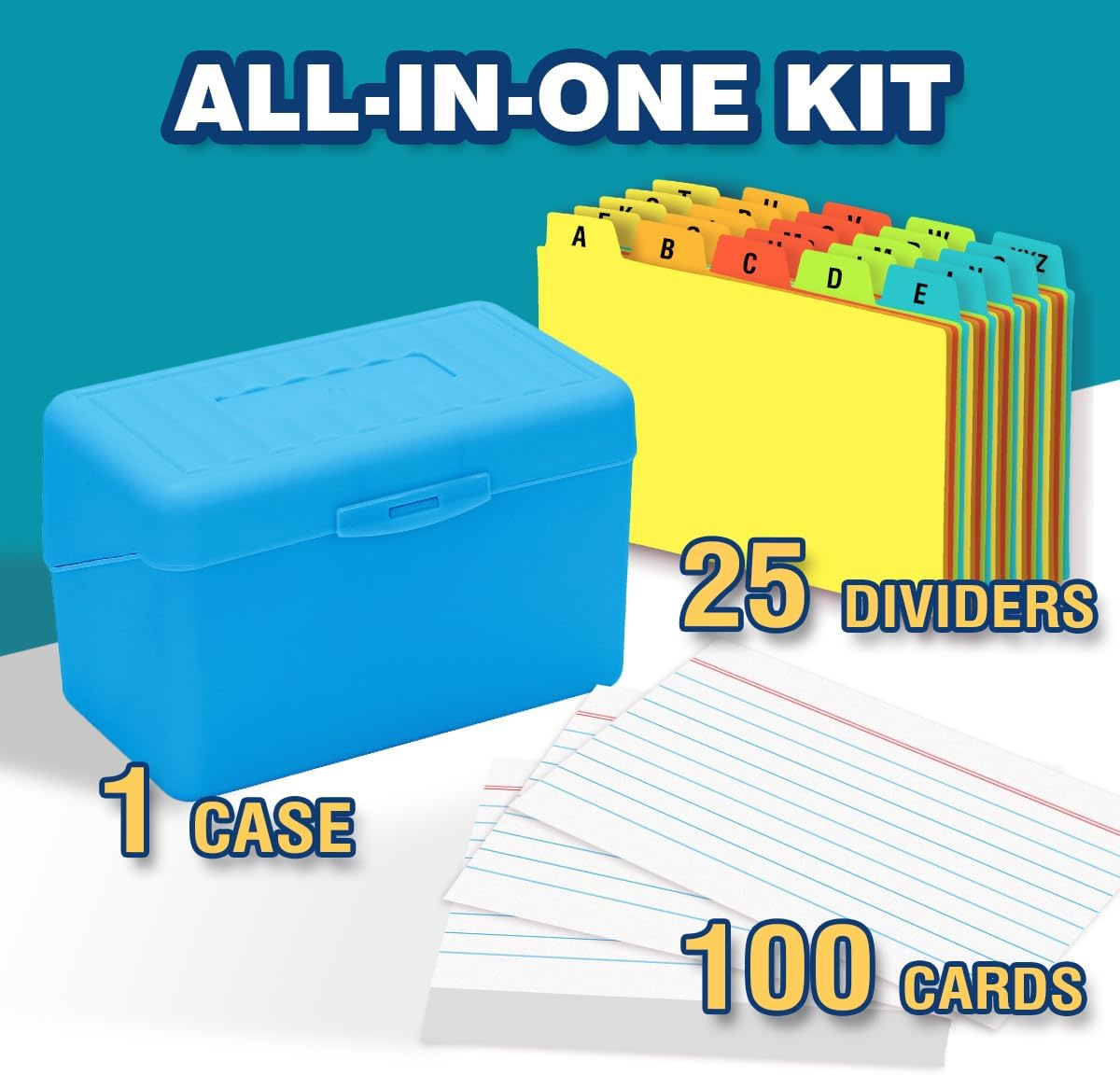 H4D 3x5 Index Card Holder with 100 Heavyweight Ruled Index Cards and 25 Plastic Dividers, Blue
