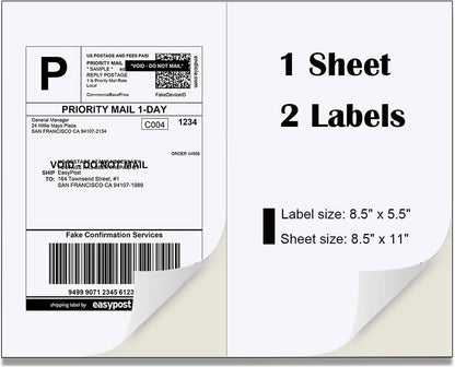 Half Sheet Laser/Ink Jet Shipping Labels UPS FedEx Address Labels (2000 Sheets, 4000 Labels)