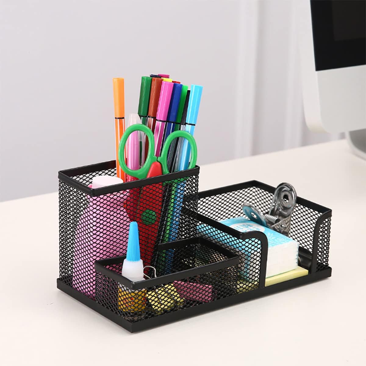 2 Pieces Mesh Pen Holder for Desk, 3 Compartments Black Pencil Holder Desk Organizers Caddy for Office Home School Desktop Accessories