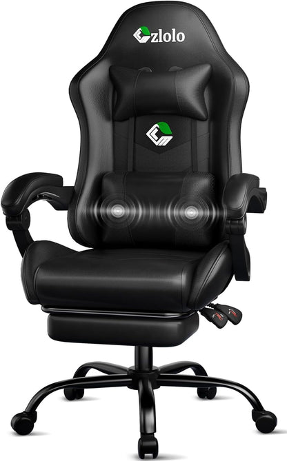 Gaming Chair, Ergonomic Office Computer Chair with Footrest and Lumbar Support Massager Racing Style High Back Video Gamer Chair, Wide＆Thick Cushion, 90°-135° Recline, Adjustable Height, Black