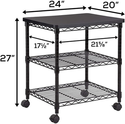 Safco Deskside 3 Tier Rolling Cart Printer Stand, Mobile Utility Table for Home Office with Steel Shelves, Black