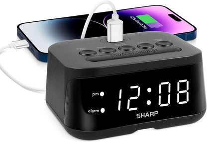 Sharp Digital Alarm Clock with USB 2 AMP Fast Charge Port & White LED Display