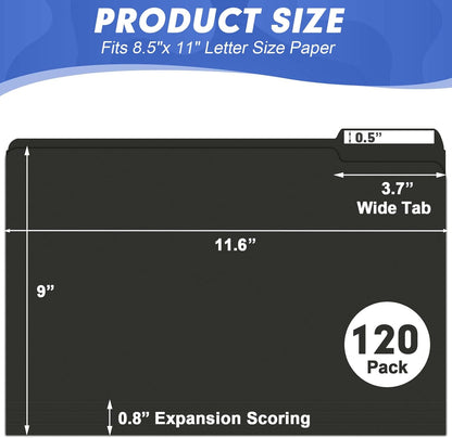 File Folder, HERKKA 120 Pack 1/3 Cut Tab File Folders, File Folders Great for Organizing and Filing, Letter Size, Black