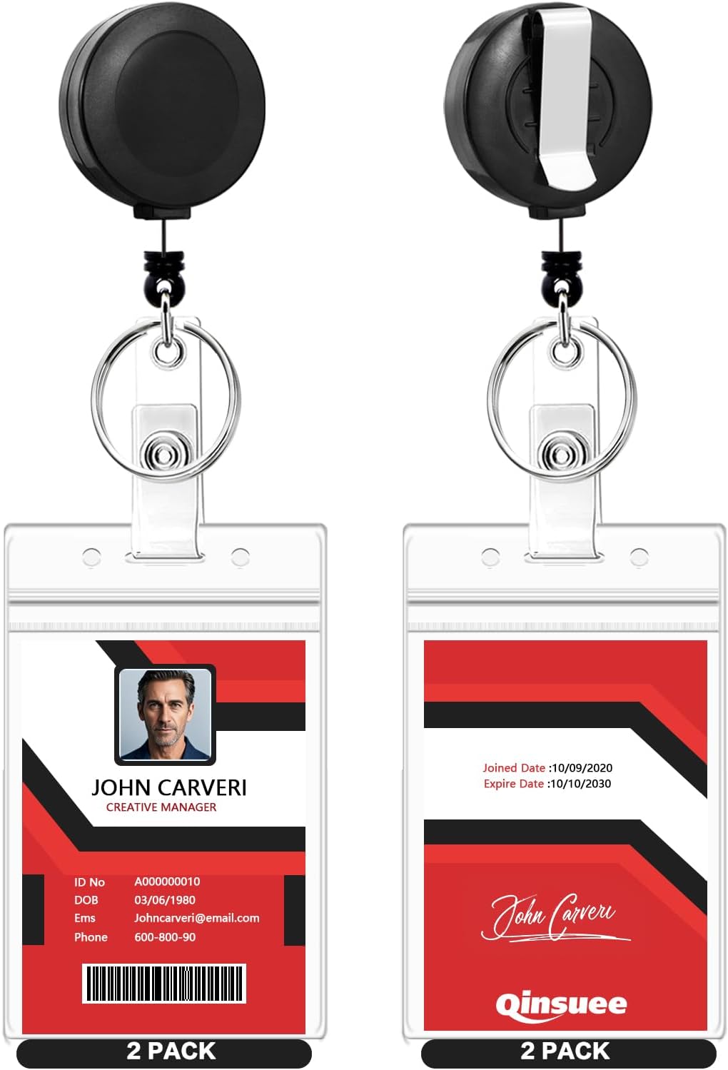 2 Pack Badge Reels Retractable with Key Rings, ID Badge Holder with 2 pcs Waterproof Extra Thick ID Card Holders, Belt Clip (Black)