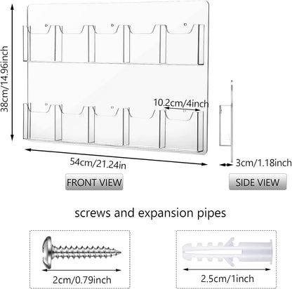 Eersida 10 Pockets Acrylic Brochure Pamphlet Holder Brochure Display Stand Business Tri Fold Multi Slot Holder Rack Wall Mount Clear Pocket Space Saver for Flyer Literature Menu Advertise