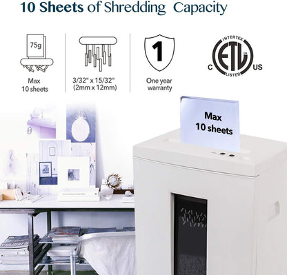 WOLVERINE 10-Sheet Super Micro Cut High Security Level P-5 Heavy Duty Paper/CD/Card Ultra Quiet Shredder for Home Office by 60 Mins Running Time and 6 Gallons Pullout Waste Bin SD9112(White ETL)