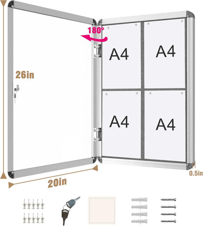 26"x20" Enclosed Bulletin Board, Lockable Weather-Resistant Aluminum Cork Noticeboard for School & Office, Silver Frame w/Grey Flet