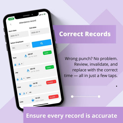 App-Based Time Clock – Fingerprint Attendance for Small Business, iOS/Android Compatible, No Monthly Fee, Includes 10 IC Cards