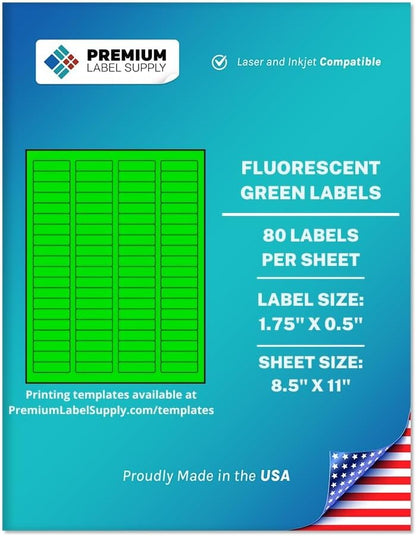 Premium Label Supply Bright Neon Color Fluorescent Sticker Labels - 1.75" x 0.5" Return Address Labels - (Fluorescent Green, 8000 Labels)