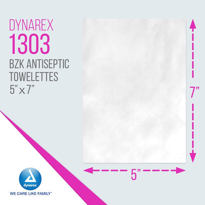 Dynarex BZK Antiseptic Towelettes, 5" x 7", Disposable and Premoistened, Individually Wrapped, 1 Case | 10 Boxes of 100 Dynarex BZK Antiseptic Towelettes (Packaging May Vary)