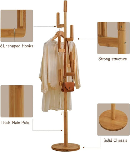 Bamboo Cactus Coat & Clothes Rack Stand, Standing Freestanding Clothing Racks with 6 Hooks for Adults & Kids, Heavy Duty Modern Entryway Living Room Bedroom Corner Coat Rack cactus-2
