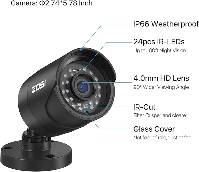 ZOSI 3K Lite Home Surveillance Security Camera System with AI Human Vehicle Detection, 8CH H.265+ CCTV DVR and 8 x 2MP 1920TVL Wired Weatherproof Bullet Cameras Outdoor, 100ft Night Vision (1TB HDD)