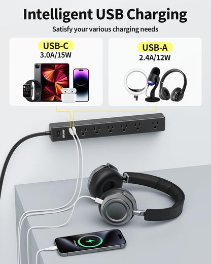 10 Ft Power Strip Surge Protector - 7 Outlets 4 USB Ports (2 USB C), Ultra Thin Flat Extension Cord & Flat Plug, 1700 Joules, Wall Mount, Desk Charging Station for Home Office Dorm, Black